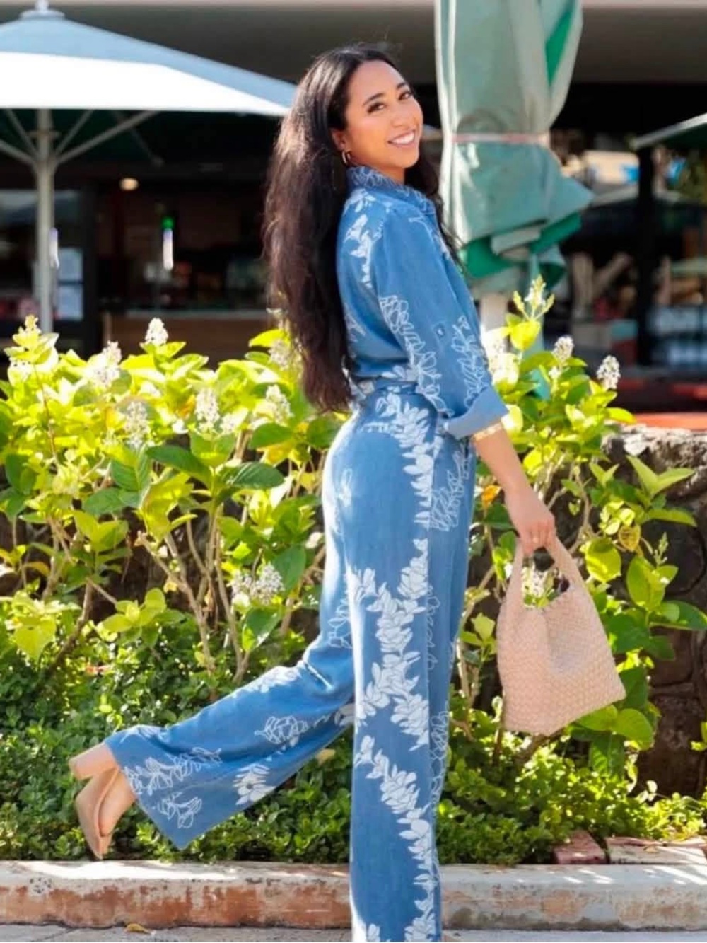 Fighting Eel Blue Floral Print Wide-Leg Chambray Pants